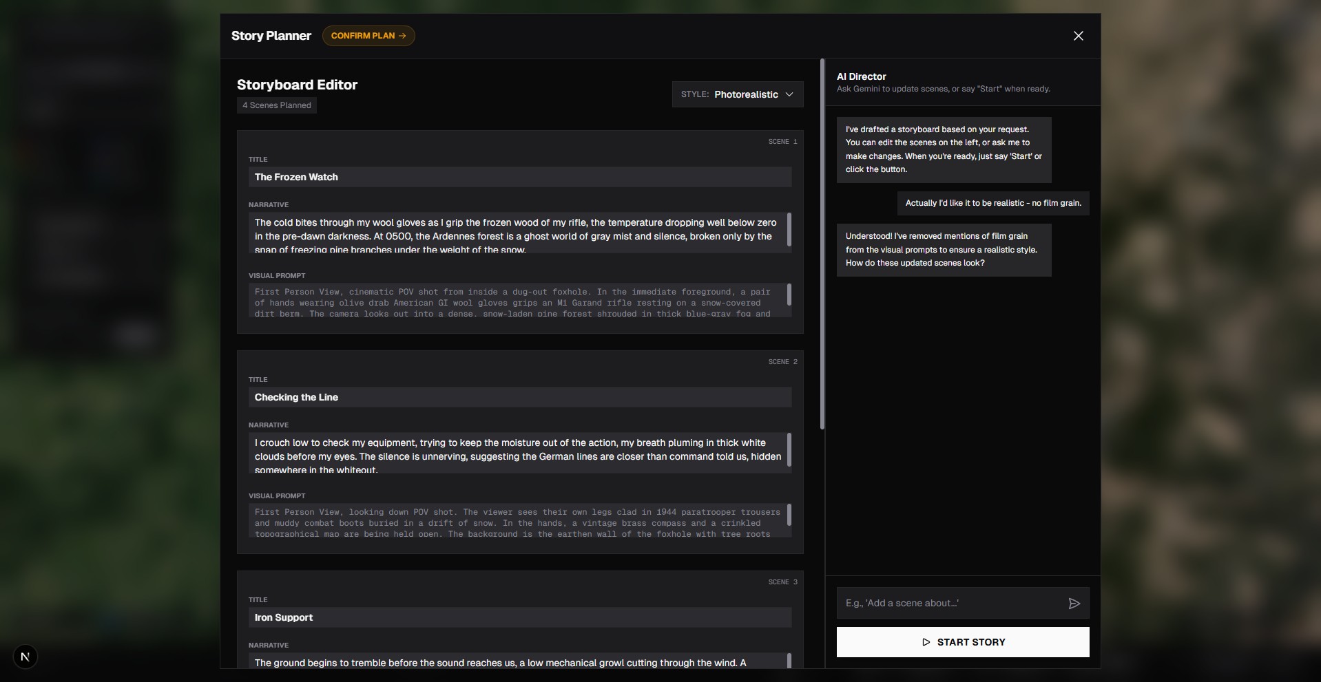 Storyboarding interface showing chained scenes