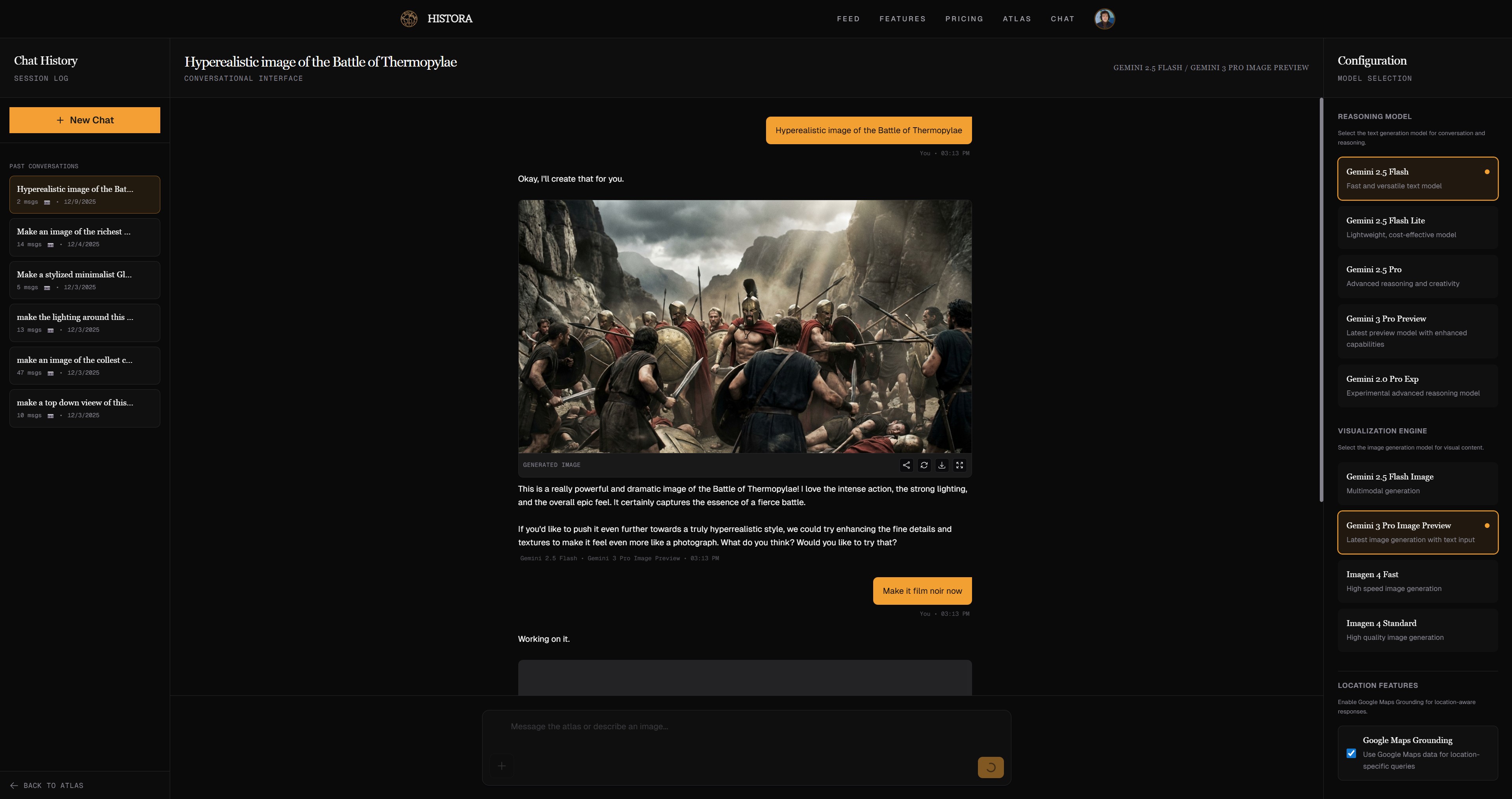 Histora Chat interface showing conversation and image generation